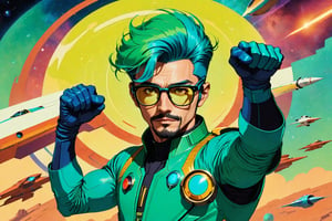 Minimalist painting of an old sci - fi male character design, guy wearing round dark-framed glasses, character is minimal size in the overall image, very small character in space, character is in a dynamic pose, flying through space, stretching one arm out and up, clenching his fist, vintage, retro, space age, comic cover, minimal design, tainted, worn, (faded:0.4), yellow green cyan color scheme,psy, sexy, carmen electra,girl,ohwx woman,patina metal skin, topless, upper body shot, rocket ship, on a planet,retro_rocket