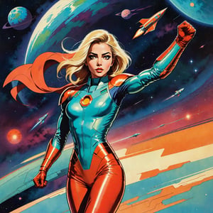 Minimalist painting of an old sci - fi character design, character is in a dynamic pose, flying through space, stretching one arm out and up, clenching her fist, vintage, retro, space age, comic cover, minimal design, tainted, worn, (faded:0.4), psy, sexy, carmen electra,girl,ohwx woman,patina metal skin, topless, upper body shot, rocket ship, on a planet,retro_rocket