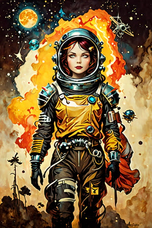 digital art 8k, style, mail art,A creatively illustrated abstract image of a 1950’s pulp magazine cover art "Junk Tank" is the title logo. It’s a science fiction woman in an astronaut suit, predominately warm analagous colors such as yellow, orange , red, generally vivid and bright but limted color palette, isolated from the background elements so the image is clean, simple and minimalistic, (dark luminescent:1.2) art by Alphonse Mucha, Kinuno Y Craft, Brian Froud, Arthur Rackham, Jean Baptiste Monge,more detail XL, in the style of esao andrews,esao andrews style,vintagepaper