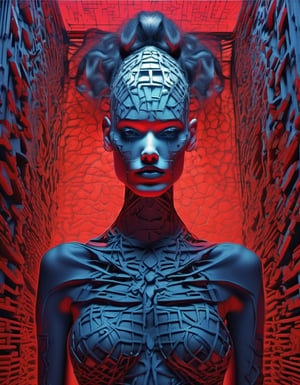 portrait Twisted geometric patterns, kaleidoscopic nightmares, shattered illusions, blood-red angles, haute couture in chaos, Escher-inspired Fashion Weekly, labyrinthine corridors bathed in ominous neon lights, focus on the face, macabre, ,(gric style:1.15),hyperrealistic,Gric