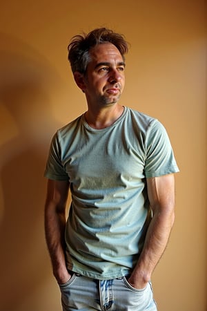 Photo of tmhrmns,a candid upper body photograph, simple backgrounds  , wearing a t-shirt and light jeans, casual .
A highly detailed upper body portrait. warm natural lighting, soft shadows, cinematic, hd quality, natural look,
 professional stock photo, high quality, ultra detail, high resolution photo taken with zeiss batis 18 mm f/2.8, uhd 8k