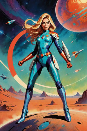 Minimalist painting of an old sci - fi character design, character is in a dynamic pose, flying through space, stretching one arm out and up, clenching her fist, vintage, retro, space age, comic cover, minimal design, tainted, worn, (faded:0.4), psy, sexy, carmen electra,girl,ohwx woman,patina metal skin, topless, upper body shot, rocket ship, on a planet,retro_rocket