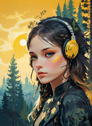 digital art 8k, style, mail art,A creatively illustrated abstract image in vector form half body portrait of a tween Norwegian girl half robot cyber punk, headphones , and cityscape and pine trees and sun in background, predominately warm colors such as yellow, generally vivid and bright but limted color palette,  isolated from the background elements so the image is clean, simple and minimalistic, (dark luminescent:1.2) art by Alphonse Mucha, Kinuno Y Craft, Brian Froud, Arthur Rackham, Jean Baptiste Monge,more detail XL