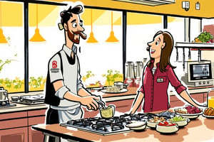 A (((colorful editorial illustration))). cartoon scene, (((chef preparing a meal)))

 The chef, a Caucasian man in his 40s with French and Italian heritage, cooks for his customer, a woman with slightly tanned skin and long dark brown hair, seated at a modern kitchen island. She is wearing a stylish burgundy dress. Background: A modern, sleek kitchen with large windows showcasing a vibrant restaurant setting. The stove, countertops, and kitchen equipment remain, keeping the atmosphere professional but emphasizing the intensity of the cooking process. 

(((hand-drawn, loose, loose coloring))) (Coloring technique: loose, expressive fills), ((nice shading techniques)) (bold color palette, few colors) (dynamic, hand-drawn sketch aesthetic). Coarse fluid bold black outlines. Style Satoshi Hashimoto, satomic. 

Textured chaotic paint background in duotone colors, watercolor, with a warm color palette. In the style of Satoshi Hashimoto. Satomic.