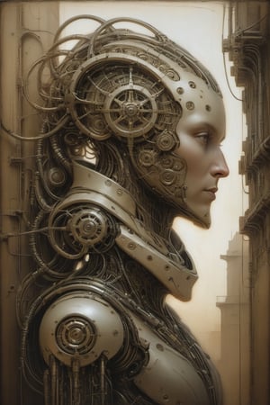 Intertwining fluid organic patterns with shadowy enigmatic forms, this surreal dreamscape blends harmonious illusions with haunting undertones. The image is a painting that features the profile of a human head, sectioned to reveal a complex interior structure. 
 A human figure is shown with half of the head and neck replaced by or transformed into mechanical gears and wires, akin to the inner workings of a clock. The organic and mechanical parts are intertwined seamlessly, with the figure set against a backdrop of floating, futuristic towers.

The color scheme is primarily composed of muted primary colors with accents of metal and rust, creating an industrial feel. The head is set against a background that appears to blend seamlessly into a barren landscape, suggesting a desolate or post-apocalyptic world.

The artwork bears a resemblance to the styles of H.R. Giger, known for his biomechanical amalgamations, and Peter Gric, noted for his hyperrealism and integration of architectural elements into organic forms. The mechanical components within the head might also draw inspiration from the steampunk aesthetic and the meticulous detail work of artists like Leonardo da Vinci in his anatomical studies. The blending of human form with machinery has a surrealist quality reminiscent of Salvador Dalí's dreamscapes.
PORTRAIT PHOTO,stalker, very specific pose ,Gric, Aligned eyes,  Iridescent Eyes,  (blush,  eye_wrinkles:0.6),  (((textured skin))), (goosebumps:0.5),  subsurface scattering,  ((skin pores)),  (detailed skin texture),  (( textured skin)),  realistic dull (skin noise),  visible skin detail,  skin fuzz,  dry skin,  hyperdetailed face,  sharp picture,  sharp detailed,  (((analog grainy photo vintage))),  Rembrandt lighting,  ultra focus,  illuminated face,  detailed face,  8k resolution,cinematic  moviemaker style