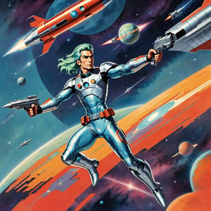 Minimalist painting of an old sci - fi character design, male character is in a dynamic pose, flying through space, stretching one arm out and up, clenching his fist, holding a grey silver space gun, vintage, retro, space age, comic cover, minimal design, tainted, worn, (faded:0.4), psy, sexy, carmen electra,girl,ohwx woman,patina metal skin, topless, upper body shot, rocket ship, on a planet,retro_rocket