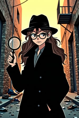 A gritty urban landscape unfolds as our detective stands out against the fading light of dusk, their long brown hair blowing gently in the breeze. A fedora clings to their head, while wire-rimmed glasses perch atop a determined gaze. Hand cradling a magnifying glass, they survey the crime alley's rough-hewn walls and littered streets, their detective instincts on high alert.