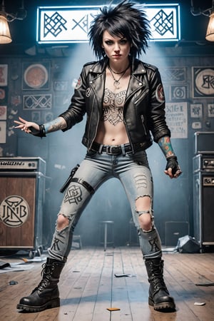 Detroit Rock Band Frontwoman: Dive bar, performing live, jet-black messy hair, piercing blue eyes, pale skin with tattoos, intense stance, leather jacket, ripped jeans, combat boots.,
Nordic runes, epic light,Ukiyo-e