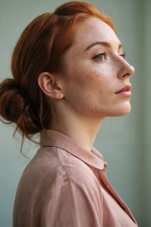 Grainy analog photo,((side view)), ((model in profile)), (stylish portrait of a young woman with (red hair), (a lot of freckles), (((very freckled))), and (a calm expression). She has her hair tied back in a loose (bun), with a few strands framing her face. The woman is wearing a (green button-up shirt) that is slightly open at the collar, revealing a hint of her collarbone. She is posed in a (three-quarter view) looking to her right, with her gaze directed (upwards and off-camera). The background is (plain and neutral), which draws focus to her serene and contemplative expression.)
Extremely Realistic, art by sargent, PORTRAIT PHOTO, 
Aligned eyes,  Iridescent Eyes,  (blush,  eye_wrinkles:0.6),  (goosebumps:0.5),  subsurface scattering,  ((skin pores)),  (detailed skin texture),  (( textured skin)),  realistic dull (skin noise),  visible skin detail,  skin fuzz,  dry skin,  hyperdetailed face,  sharp picture,  sharp detailed,  (((analog grainy photo vintage))),  Rembrandt lighting,  ultra focus,  illuminated face,  detailed face,  8k resolution,,Fujifilm XT3, more saturation, photo r3al, (high detailed skin:1.2), 8k uhd, dslr, lighting, high quality, film grain, Fujifilm XT3, (establishing shot:1.5), perfect hand. Medium depth of field, vignette, highly detailed, high budget, bokeh, cinemascope, vibrant, epic, gorgeous, film grain, grainy, in the style of Andrea Kowch, colorized, light pink and dark gray, Hans Holbein the Elder, movie still, pensive portraiture, soviet, photo r3al, Extremely Realistic, more detail XL, eyes shoot, ohwx woman,
Extremely Realistic, art by sargent, PORTRAIT PHOTO, 
