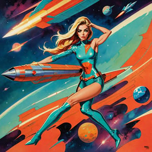 Minimalist painting of an old sci - fi character design, character is in a dynamic pose, flying through space, stretching one arm out and up, clenching her fist, vintage, retro, space age, comic cover, minimal design, tainted, worn, (faded:0.4), psy, sexy, carmen electra,girl,ohwx woman,patina metal skin, topless, upper body shot, rocket ship, on a planet,retro_rocket