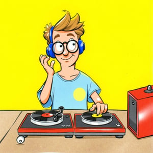 A (((colorful editorial illustration ))) 
The image is a bright, cartoon-style illustration of a guy, 35yo, with a playful and retro aesthetic.Character:Appearance: The boy has short, light brown or blonde hair styled in a slightly wavy, voluminous manner. His facial expression is cheerful and curious, with large, exaggerated eyes behind thick, round glasses. His wide smile gives off a sense of enjoyment and enthusiasm.Clothing: He is wearing a blue t-shirt with a bright yellow circle at the center, adding a playful and colorful touch to his look. His red shorts complement the retro vibe of the image.Headphones: Large, classic-looking blue headphones are worn over his head, resting around his ears as he interacts with the record player. The headphones add to the image's theme of music and give it a nostalgic feel.Pose:The boy is positioned behind a record player, with his right hand on the control knob of the turntable, as if he is adjusting it. His left hand is holding onto a vinyl record, implying that he is in the process of playing or changing a record.Objects:Turntables and Vinyl Records: In front of him are two vintage-style turntables with vinyl records spinning. The turntables have a retro red and black design, adding to the vintage theme. One of the vinyl records is already spinning, while another is positioned to be played next.Second Player: To his left (on the right side of the image) is a second red retro device, possibly a record player or speaker, also equipped with a vinyl disc spinning on top. The retro dials and knobs reinforce the music-focused, nostalgic theme of the scene.Background:The background is a solid, bright yellow color that makes the character and objects pop out, keeping the focus on the boy and the vintage music equipment. The clean background also emphasizes the playful, cartoonish art style.

. Background: textured Chaotic painted blob in duotone colours watercolor, with warm soft tints color palette.  
(((hand drawn, loose, loose coloring))) (Coloring technique: loose, expressive fills) , ((nice shading techniques)) (bold color palette, few colors) (dynamic, hand-drawn sketch aesthetic). Coarse fluid bold black outlines. Style satoshi hashimoto, satomic.