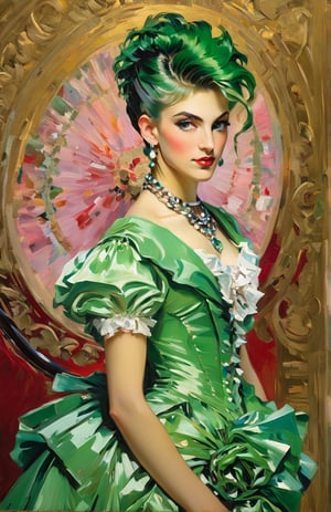 A striking oil painting capturing the essence of an elegant and magnificently proportioned Parisian socialite, dressed as a nineties teenager, punk rock chick, spiky green hair. With inspiration drawn from the masterful works of John Singer Sargent, Alphonse Mucha, Klimt, and Vincent Van Gogh, this portrait exudes artistic brilliance. The subject's alluring beauty is evident in her delicate features, flawlessly rendered by the artist. The expertly applied brushstrokes reveal intricate details, from her lustrous hair to the mesmerizing depth of her enchanting eyes. Every stroke of vibrant color breathes life into her radiant complexion, accentuating the subtle contours of her face. This captivating masterpiece enraptures viewers, serving as a testament to the timeless allure and grace of the Parisian elite.,sargent,v0ng44g
