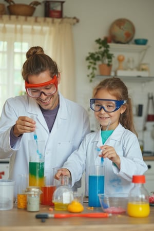 A bright, engaging scene of a family in a KITCHEN, where two EUROPEAN children, 1girl , 1boy, are conducting fun science experiments together. The childs are wearing lab coats and goggles, smiling while mixing colorful chemicals in test tubes. The background features science equipment like beakers, magnifying glasses, and a model of the solar system. The atmosphere is playful and educational, with natural light flooding the room. Colors should be vibrant, with a focus on blues, greens, and yellows, emphasizing curiosity, learning, and family bonding. high-resolution photography, stock photo precise, homemade , analog, cell phone cameras