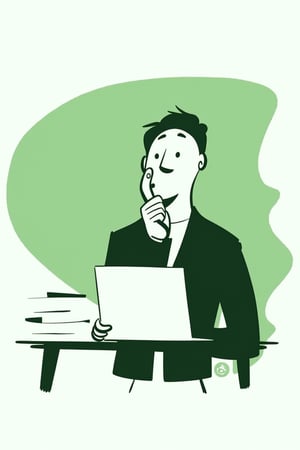 A cartoon illustration of a man in a business suit working late at night on his laptop, seated at his minimalist desk. His face is illuminated by the screen, eyes focused on the task. Minimal abstract lines depict the office space, with a muted green watercolor blob background. Monochrome cool soft tints color palette. Style of satoshi hashimoto, satomic.