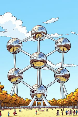 Satomic illustration. (((colorful illustration))) by satoshi, of the (((Brussels Atomium building, 9 steel spheres that resemble the unit cell of an iron crystal, magnified by 165 billion )))

Scene is during daytime, high noon. Lots of people on the ground, very small. The structure overpowers the dynamic of the image.

by Satoshi Hashimoto, satomic