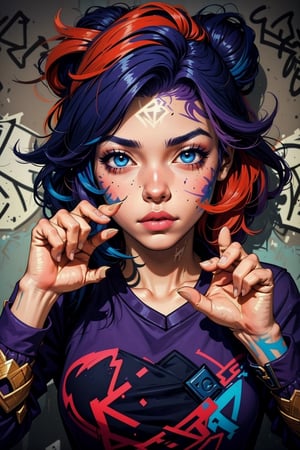 2D, (Zayra \League of Legend\, graffiti on the wall, random pose,  close up, solo: 1.5), casual outfit, vibrant, detailed, close up, very attractive, sport figure, abstract, masterpiece, high quality, (street art style, graffiti:1.2), (blended purple and orange and blue hair:1.3), bright blue eyes, splatoon colors, dynamic pose, graffitiStyle,highres