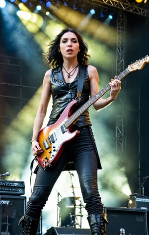 (wideshot), (long shot ), ((full body)) Image of a British rock band's lead guitarist, 29 years old, embodying a fusion of intensity and allure, with a thin, tall figure, and a striking resemblance to PJ Harvey. Her face, angular and dramatic, is captured in the (lower left of the frame). She's commanding the stage at a lively music festival, her electric guitar resonating with a raw, captivating energy.

Her long, black hair flows wildly around her, enhancing her stage presence and echoing the untamed nature of her music. Her eyes, deep and expressive, are not focused on the camera but are lost in the fervor of her performance, her lips curled in a defiant, passionate snarl.

She has a slender, towering build. Dressed in a (fitted leather vest) over a (vintage band tee) and (skinny black jeans), her outfit is a tribute to rock's edgy aesthetics. Her feet, in (lace-up ankle boots), move with purpose and rhythm across the stage, each gesture a reflection of her gritty, powerful musical style.

((Full body shot)), (full body shown)
Low camera long  shot. (frog perspective shot) In summary, this image captures the essence of inviting and stylish beauty. film grain. grainy. Sony A7III. photo r3al,
,PORTRAIT PHOTO,
Aligned eyes, Iridescent Eyes, (blush, eye_wrinkles:0.6), (goosebumps:0.5), subsurface scattering, ((skin pores)), detailed skin texture, textured skin, realistic dull skin noise, visible skin detail, skin fuzz, dry skin, hyperdetailed face, sharp picture, sharp detailed, 
analog grainy photo vintage, Rembrandt lighting, ultra focus, illuminated face, detailed face, 8k resolution, ,photo r3al,Extremely Realistic