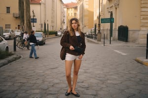 Photography in (steve mccurry style), an Italian woman, classic clothes,  cultural portrait, emotive humane photography, rich colors, analog film, film grain, kodachrome, intricate details, insanely detailed, natural lighting, 8k, hdr, masterpiece, award winning photography, Fine art photography style, film photography style. ((Very wide view, standing on the street in Italy, some people and cars, bikers in background)). Very sharp, very high depth of field. High dof.
The overall composition has a cinematic, feel, blending the nostalgia of classic paintings with every day life. flfmt,flmft