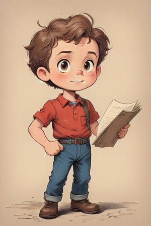 vintage comic book ((illustration)), 
(Brown-haired boy with a round face, holding a pencil and scribbling on a piece of paper) in a (mid-20th-century cartoon illustration style). The male child character has (simple, stylized features) with (small dot eyes and a gentle smile), wearing a red shirt and blue jeans pants. The hair is (brown, represented with simple, playful shapes). The boy appears (joyful and innocent), with a (retro aesthetic reminiscent of 1950s and 1960s children's book illustrations). The background is (minimalistic, focusing on the character) with (flat, solid colors typical of offset printing). The overall mood is (cheerful and nostalgic), capturing the (essence of vintage children's illustrations). rubber_hose_character, children's picture books,, detailed gorgeous face, exquisite detail, ((full body)), 30-megapixel, 4k, Flat vector art, Vector illustration, Illustration, ,,rubber_hose_character,,vintagepaper,,,,,,<lora:659095807385103906:1.0>