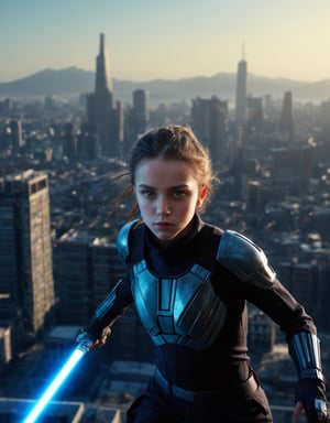 Establishing shot, medium wide shot, ultra Realistic, Extreme detailed, {intense young girl, athletic}, soaring through the air, {dark and intricate translucent futuristic mask}, determined expression, {intensely focusing on the viewer}, {gracefully wielding a glowing lightsaber}, sci-fi, {dystopian skyline in the background}, body resilience, {highly detailed post-apocalyptic cityscape}, somber, cinematic, {surreal atmosphere with a dark edge}, serious, {deep, muted colors}, sf, {artwork masterpiece of complex design}, gritty, matte painting, {movie poster style}, {recognized on cgsociety}, intricate, dramatic, {noted on artstation}, sf, highly detailed, somber, production cinematic character render, ultra high quality model, 8k Ultra HD, {raven-themed mask}},
Enhance,Mecha body,perfect,High detailed ,eyes shoot