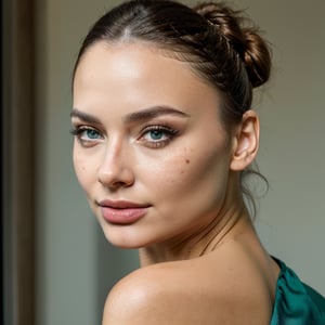  a pretty french woman with a fancy brunette bun hair, wearing a green dress, blue eyes, glossy lipstick, midshot picture, and attractive features,  eyes,  eyelid,  focus,  depth of field,  film grain,  ray tracing,  slim model,  anatomically correct, (Hairdress),Realism, Low camera shot. (frog perspective shot) In summary,  this image captures the essence of inviting and stylish beauty. film grain. grainy. Sony A7III. photo r3al, 
, PORTRAIT PHOTO, 
Aligned eyes,  Iridescent Eyes,  (blush,  eye_wrinkles:0.6),  (goosebumps:0.5),  subsurface scattering,  ((skin pores)),  detailed skin texture,  textured skin,  realistic dull skin noise,  visible skin detail,  skin fuzz,  dry skin,  hyperdetailed face,  sharp picture,  sharp detailed,  analog grainy photo vintage,  Rembrandt lighting,  ultra focus,  illuminated face,  detailed face,  8k resolution
