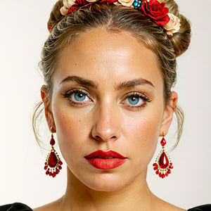 Medium frontal shot of a Mexican flamenco dancer, 29 years old, exuding a fiery passion and grace, with a sharp, intense face, highlighted in the (left side of the frame). , white background, 27 years old, hair bun, big round blue eyes, light brown hair color, blonde, round face, very thin lips
,PORTRAIT PHOTO

Aligned eyes, Iridescent Eyes, (blush, eye_wrinkles:0.6), (goosebumps:0.5), subsurface scattering, ((skin pores)), detailed skin texture, textured skin, realistic dull skin noise, visible skin detail, skin fuzz, dry skin, hyperdetailed face, sharp picture, sharp detailed, analog grainy photo vintage, Rembrandt lighting, ultra focus, illuminated face, detailed face, 8k resolution