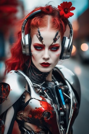 (portrait of a female cyborg) hitchhiking on an open road, pale complexion, (vibrant red eyeshadow and lipstick), cybernetic headphones, elegant, red flowers in hair, (dynamic red, white, and black splashes), metallic orange-red clothing, (abstract blue background with light effects). image depicts a striking portrait of a female figure with cyborg elements. She has a pale complexion with dramatic makeup featuring vibrant red eyeshadow and lipstick. There are noticeable cybernetic components attached to her body, like limbs, resembling headphones or headgear, which give her a robotic appearance. Her expression is neutral, with a hint of elegance, amplified by the presence of what appears to be red-colored flowers adorned in her hair. The colors are rich and contrasted, with splashes and drips of paint, primarily in shades of red, white, and black, creating a dynamic and somewhat chaotic effect around her. Her clothing or shoulder area is a glossy, metallic orange-red color, which complements the overall color scheme of the image. 
, ((Wide shot,low perspective, full body shot)), polaroid photo of a redhead woman hitchhiking on a road, warm tones, perfect landscape, 
,Extremely Realistic