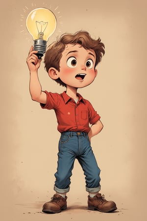 vintage comic book ((illustration)), 
(Brown-haired boy with a round face, having a lightbulb eureka moment of realisation, an actual lightbulb appears above his head) in a (mid-20th-century cartoon illustration style). The male child character has (simple, stylized features) with (small dot eyes and a gentle smile), wearing a red shirt and blue jeans pants. The hair is (brown, represented with simple, playful shapes). The boy appears (joyful and innocent), with a (retro aesthetic reminiscent of 1950s and 1960s children's book illustrations). The background is (minimalistic, focusing on the character) with (flat, solid colors typical of offset printing). The overall mood is (cheerful and nostalgic), capturing the (essence of vintage children's illustrations). rubber_hose_character, children's picture books,, detailed gorgeous face, exquisite detail, ((full body)), 30-megapixel, 4k, Flat vector art, Vector illustration, Illustration, ,,rubber_hose_character,,vintagepaper,,,,,,,<lora:659095807385103906:1.0>