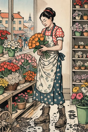a Dutch Florist: Flower market, arranging bouquets, canvas apron, floral dress, mud-splattered boots, illustration, comic, epic light,Ukiyo-e