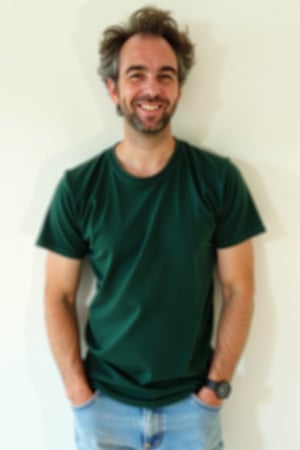 Photo of tmhrmns,a candid upper body photograph, simple backgrounds  , wearing a hip dark green t-shirt and light jeans, casual 