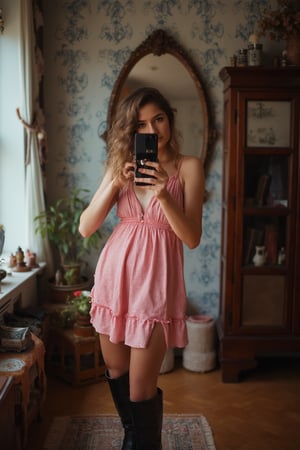 Photography in (steve mccurry style), 
Photo of an Instagram model taking a selfie in her house, wearing a pink mini dress and black boots, full-body shot.
striking blue eyes, cultural portrait, emotive humane photography, rich colors, analog film, film grain, kodachrome, intricate details, insanely detailed, natural lighting, 8k, hdr, masterpiece, award winning photography, Fine art photography style, film photography style.
The overall composition has a cinematic, feel, blending the nostalgia of classic paintings with every day life. flfmt
