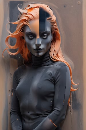 Moments without faces, solargram, a portrait of a woman in a black outfit, in the style of glitch textures, light orange and dark gray, ambient sculptures, whimsical portraits, ingrid baars, irving penn, easynegative, sketch for art examination, sketch, dark, chiaroscuro, low-key