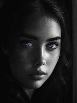 Realism, digital black and white photo, portrait , wide angle of view, 1girl, on the forehead crystal glowing blue, at Townhouse, dramatic light, bokeh,