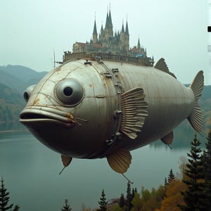 The large angler fish depicted in the picture is an amazing combination of a living creature and a highly developed mechanism. With huge round eyes that have a surprised or even slightly comical expression. Its body is impressive in size, round and smooth, with metal elements, which makes it look like a flying machine. The upper part of the fish is decorated with numerous architectural elements reminiscent of towers, domes and spires, characteristic of European architecture, an entire city or castle is built on the fish. The background consists of a forest area with trees, against which small structures are visible, a lake, over which this fish-city is swimming. The atmosphere is a feeling of a magical and fantastic world.,flmft