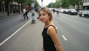 Wide view  Artsy lomo shot. Candid street photography by a art photographer, Chiaroscuro, capturing a spontaneous, unposed moment in a busy city. ((Wide shot)), ((rule of thirds composition)), the subject placed to the side, blending naturally into the urban scene. ((Full body)). A beautiful young woman in her twenties with soft, elegant features is walking through the street, totally ((unaware of the camera)), lost in her thoughts, looking away from viewer, going about her day without noticing anyone watching. Her skin shows natural imperfections with (((visible pores))), adding realism. Her striking blue-green eyes, framed by thick lashes, seem distant, and her defined cheekbones give her a graceful look. Her lips, naturally rosy, form a faint, relaxed smile. Blonde whii hair cascades in an uneven bobcut, flowing naturally around her face. She wears a sleek, stylish dress that compliments her figure, paired with minimal but refined jewelry, like small diamond earrings. In the background, a busy city scene unfolds with cars, pedestrians, and cyclists, capturing the essence of everyday life. The photograph embraces natural lighting, with rich colors, film grain, and kodachrome vibes, creating an authentic feel. The high depth of field ensures every detail is crisp, making it feel like a candid, fleeting moment frozen in time. Masterpiece-level, fine art street photography, focused on the anonymity and unawareness of the subject, caught in the moment.

. flfmt,flmft