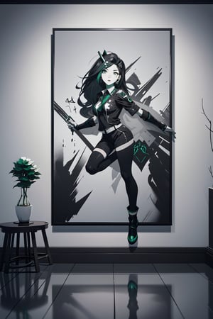 2D, (Akali from League of Legends, picture on the wall, full body, solo: 1.5), casual outfit, vibrant, detailed, close up, very attractive, show tongue, sport figure, abstract, masterpiece, high quality, , (blended black and white and emerald hair:1.3), bright blue eyes, splatoon colors, dynamic pose, graffitiStyle,