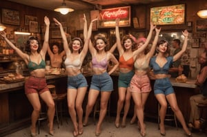 (photograph of a diner scene, bar stools at a counter, women dancing groovy, dancing pose, hands and arms up beside their head, eyes closed, entranced by the music. Women wearing various summer outfits including shorts and skirts, visible legs crossed or extended, hairstyles and hats typical of the 1960s, countertop displays a cake stand and other items, floor is terrazzo, LIFE magazine watermark in the bottom right corner, atmosphere is casual and social)
, nipples poking through fabric, nipples very prominent poking through fabric, under soft lighting, 
Extremely Realistic, art by sargent, PORTRAIT PHOTO, 
Aligned eyes,  Iridescent Eyes,  (blush,  eye_wrinkles:0.6),  (goosebumps:0.5),  subsurface scattering,  ((skin pores)),  (detailed skin texture),  (( textured skin)),  realistic dull (skin noise),  visible skin detail,  skin fuzz,  dry skin,  hyperdetailed face,  sharp picture,  sharp detailed,  (((analog grainy photo vintage))),  Rembrandt lighting,  ultra focus,  illuminated face,  detailed face,  8k resolution,,
Extremely Realistic, art by sargent, PORTRAIT PHOTO, 
Aligned eyes,  Iridescent Eyes,  (blush,  eye_wrinkles:0.6),  (goosebumps:0.5),  subsurface scattering,  ((skin pores)),  (detailed skin texture),  (( textured skin)),  realistic dull (skin noise),  visible skin detail,  skin fuzz,  dry skin,  hyperdetailed face,  sharp picture,  sharp detailed,  (((analog grainy photo vintage))),  Rembrandt lighting,  ultra focus,  illuminated face,  detailed face,  8k resolution,






