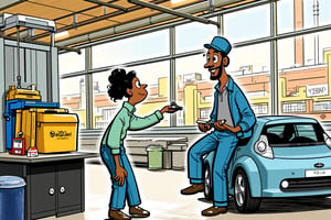 A ((( detailed and colorful editorial illustration))). cartoon scene, (((mechanic fixing a car))) The mechanic, a Black man in his late 30s with Caribbean and African descent, works on the engine while speaking with his customer, a woman with olive skin and short curly hair, standing beside the car. She is wearing a casual light green jacket and jeans. Background: A modern, industrial auto garage with large windows overlooking a busy urban street. The car lift, tools, and equipment remain, keeping the atmosphere professional but focusing on the interaction between the mechanic and the customer. (((hand-drawn, loose, loose coloring))) (Coloring technique: loose, expressive fills), ((nice shading techniques)) (bold color palette, few colors) (dynamic, hand-drawn sketch aesthetic). Coarse fluid bold black outlines. Style Satoshi Hashimoto, satomic. Textured chaotic paint background in duotone colors, watercolor, with a warm color palette. In the style of Satoshi Hashimoto. Satomic.