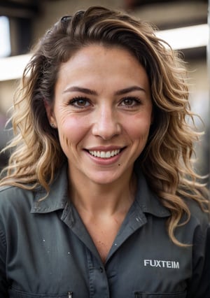 Auto repair shop view of a Canadian mechanic, 38 years old, combining technical skill with a rugged charm, with a tall, strong build, and a square face featuring a prominent nose and a few oil smudges, in a busy Toronto auto repair shop. She's working under a car, her movements assured and expert, a toothy grin on her face revealing a missing canine tooth.

Her hair, short and practical, is streaked with strands of premature gray, suiting her hands-on profession. Her eyes, one with a small scar above it, focus intently on her task, her broad smile exuding confidence and approachability.

She has a muscular, capable build, with hands that are permanently stained from work. Dressed in a (grease-stained jumpsuit) with her name embroidered on the pocket, her outfit is all about functionality. Her feet, in (heavy-duty steel-toe boots), move with purpose around the shop floor, her presence a testament to skill and dedication in a male-dominated field.
(skin blemishes), 8k uhd, dslr, soft lighting, high quality, film grain, Fujifilm XT3, high quality photography, 3 point lighting, flash with softbox, 4k, Canon EOS R3, hdr, smooth, sharp focus, high resolution, award winning photo, 80mm, f2.8, bokeh, (Highest Quality, 4k, masterpiece, Amazing Details:1.1), film grain, Fujifilm XT3, photography,
(imperfect skin), detailed eyes, epic, dramatic, fantastical, full body, intricate design and details, dramatic lighting, hyperrealism, photorealistic, cinematic, 8k, detailed face. Extremely Realistic, art by sargent, PORTRAIT PHOTO, Aligned eyes, Iridescent Eyes, (blush, eye_wrinkles:0.6), (goosebumps:0.5), subsurface scattering, ((skin pores)), (detailed skin texture), (( textured skin)), realistic dull (skin noise), visible skin detail, skin fuzz, dry skin, hyperdetailed face, sharp picture, sharp detailed, (((analog grainy photo vintage))), Rembrandt lighting, ultra focus, illuminated face, detailed face, 8k resolution
,photo r3al,Extremely Realistic,aw0k euphoric style,PORTRAIT PHOTO,Enhanced Reality