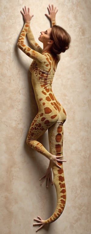 A gecko woman climbing a wall, beige skin, brown hair, seen from behind, full body, photorealistic