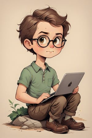 vintage comic book ((illustration)), 
(Brown-haired guy with a round face, wearing round glasses, sitting down, ((holding a laptop on one hand)), and ((typing with the other hand))) in a (mid-20th-century cartoon illustration style). The male character has (simple, stylized features) with (small dot eyes and a gentle smile), wearing a green shirt and brown jeans pants. The hair is (brown, represented with simple, playful shapes). The boy appears (joyful and innocent), with a (retro aesthetic reminiscent of 1950s and 1960s children's book illustrations). The background is (minimalistic, focusing on the character) with (flat, solid colors typical of offset printing). The overall mood is (cheerful and nostalgic), capturing the (essence of vintage children's illustrations). rubber_hose_character, children's picture books,, detailed gorgeous face, exquisite detail, ((full body)), 30-megapixel, 4k, Flat vector art, Vector illustration, Illustration, ,,rubber_hose_character,,vintagepaper,,,,,,,,<lora:659095807385103906:1.0>