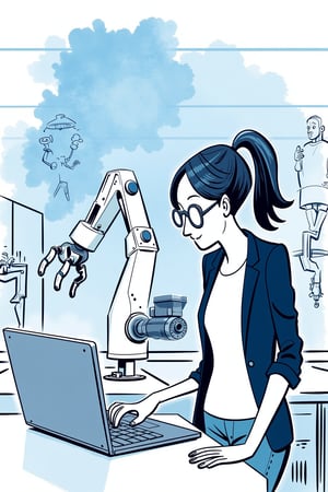 An editorial illustration of a female robotics engineer programming a robotic arm in a sleek lab. She is typing on a laptop, her expression thoughtful as the robotic arm moves in front of her.

Appearance:
The engineer wears a smart blazer over a t-shirt and jeans. She has glasses perched on her nose, and her fingers move quickly across the laptop. Her hair is in a ponytail, and her posture is confident, but with a calm intensity.

Setting:
A futuristic lab with abstract outlines of various robots and machines in the background. The robotic arm, sleek and modern, stands out as the primary focus. LED lights illuminate the space in a cool, controlled atmosphere.

Mood:
Focused and innovative, the scene captures the cutting-edge nature of her work with technology.

Era:
Near-future, with advanced technology hinted at in the design of the robots.

Perspective:
Over-the-shoulder view, focusing on her laptop screen and the robotic arm as it moves.

Background:
Chaotic painted blob in light blue and silver watercolor, with monochrome cool soft tints color palette.
. Style of satoshi hashimoto, satomic.