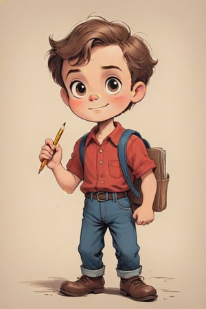 vintage comic book ((illustration)), 
(Brown-haired boy with a round face, holding a pencil with one hand, and scribbling in a sketchbook he is holding with the other hand) in a (mid-20th-century cartoon illustration style). The male child character has (simple, stylized features) with (small dot eyes and a gentle smile), wearing a red shirt and blue jeans pants. The hair is (brown, represented with simple, playful shapes). The boy appears (joyful and innocent), with a (retro aesthetic reminiscent of 1950s and 1960s children's book illustrations). The background is (minimalistic, focusing on the character) with (flat, solid colors typical of offset printing). The overall mood is (cheerful and nostalgic), capturing the (essence of vintage children's illustrations). rubber_hose_character, children's picture books,, detailed gorgeous face, exquisite detail, ((full body)), 30-megapixel, 4k, Flat vector art, Vector illustration, Illustration, ,,rubber_hose_character,,vintagepaper,,,,,,,<lora:659095807385103906:1.0>