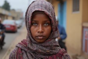 Photography in (steve mccurry style), a young Somali woman with striking blue eyes, cultural portrait, emotive humane photography, rich colors, analog film, film grain, kodachrome, intricate details, insanely detailed, natural lighting, 8k, hdr, masterpiece, award winning photography, Fine art photography style, film photography style. ((wide view, standing on the street in Somalia, some people and cars, bikers in background))
The overall composition has a cinematic, feel, blending the nostalgia of classic paintings with every day life. flfmt
