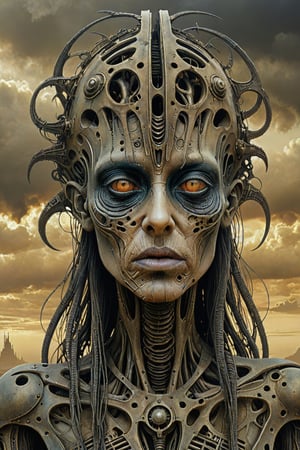 beautiful survivor lady with stunning eyes, strange shapes in the sky, post-apocalyptic, druid, fantasy, dungeons & dragons, h.r. giger, Zdzisław Beksiński, mad max, lady,ohwx woman
