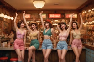 (photograph of a diner scene, bar stools at a counter, women dancing groovy, dancing pose, hands and arms up beside their head, eyes closed, entranced by the music. Women wearing various summer outfits including shorts and skirts, visible legs crossed or extended, hairstyles and hats typical of the 1960s, countertop displays a cake stand and other items, floor is terrazzo, LIFE magazine watermark in the bottom right corner, atmosphere is casual and social)
, nipples poking through fabric, nipples very prominent poking through fabric, under soft lighting, 
Extremely Realistic, art by sargent, PORTRAIT PHOTO, 
Aligned eyes,  Iridescent Eyes,  (blush,  eye_wrinkles:0.6),  (goosebumps:0.5),  subsurface scattering,  ((skin pores)),  (detailed skin texture),  (( textured skin)),  realistic dull (skin noise),  visible skin detail,  skin fuzz,  dry skin,  hyperdetailed face,  sharp picture,  sharp detailed,  (((analog grainy photo vintage))),  Rembrandt lighting,  ultra focus,  illuminated face,  detailed face,  8k resolution,,
Extremely Realistic, art by sargent, PORTRAIT PHOTO, 
Aligned eyes,  Iridescent Eyes,  (blush,  eye_wrinkles:0.6),  (goosebumps:0.5),  subsurface scattering,  ((skin pores)),  (detailed skin texture),  (( textured skin)),  realistic dull (skin noise),  visible skin detail,  skin fuzz,  dry skin,  hyperdetailed face,  sharp picture,  sharp detailed,  (((analog grainy photo vintage))),  Rembrandt lighting,  ultra focus,  illuminated face,  detailed face,  8k resolution,






