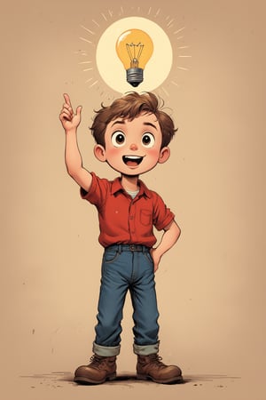 vintage comic book ((illustration)), 
(Brown-haired boy with a round face, having a lightbulb eureka moment of realisation, an actual lightbulb appears above his head) in a (mid-20th-century cartoon illustration style). The male child character has (simple, stylized features) with (small dot eyes and a gentle smile), wearing a red shirt and blue jeans pants. The hair is (brown, represented with simple, playful shapes). The boy appears (joyful and innocent), with a (retro aesthetic reminiscent of 1950s and 1960s children's book illustrations). The background is (minimalistic, focusing on the character) with (flat, solid colors typical of offset printing). The overall mood is (cheerful and nostalgic), capturing the (essence of vintage children's illustrations). rubber_hose_character, children's picture books,, detailed gorgeous face, exquisite detail, ((full body)), 30-megapixel, 4k, Flat vector art, Vector illustration, Illustration, ,,rubber_hose_character,,vintagepaper,,,,,,,<lora:659095807385103906:1.0>