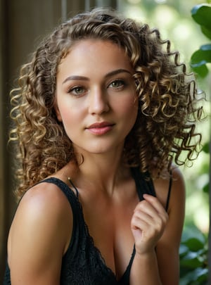 A (( full body)) stunning intricate portrait.
The image is a high-resolution portrait featuring a woman with a poised and graceful demeanor. She has voluminous, shoulder-length curly hair, and her makeup is done in warm, natural tones, enhancing her eyes and complementing her olive skin. She is posed in a three-quarter profile, with her gaze directed slightly off-camera, which, along with a soft, sunlit backdrop of lush greenery, creates a serene and inviting atmosphere. Her black garment has a subtle sheen, suggesting a silky texture, and is sleeveless, adding a touch of elegance to her appearance. The composition is intimate, with the subject placed off-center, allowing the natural environment to frame her and contribute to the overall aesthetic of the shot. The lighting is soft yet directional, highlighting the contours of her face and the curl patterns in her hair.
(smile:0.7),cinematic lighting, subsurface scattering, f2, 35mm, film grain, (chiaroscuro:0.7), (( full body)), (model figure), (fantastic bare legs),
 ,cinematic  moviemaker style,Extremely Realistic
Low camera shot.  In summary,  this image captures the essence of inviting and stylish beauty. film grain. grainy. Sony A7III. photo r3al, 
PORTRAIT PHOTO, 
Aligned eyes,  Iridescent Eyes,  (blush,  eye_wrinkles:0.6),  (goosebumps:0.5),  subsurface scattering,  ((skin pores)),  (detailed skin texture),  (( textured skin)),  realistic dull (skin noise),  visible skin detail,  skin fuzz,  dry skin,  hyperdetailed face,  sharp picture,  sharp detailed,  (((analog grainy photo vintage))),  Rembrandt lighting,  ultra focus,  illuminated face,  detailed face,  8k resolution