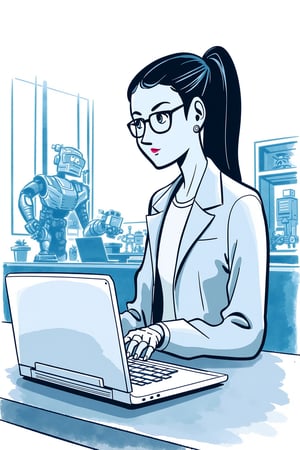 An editorial illustration of a female robotics engineer programming a robotic arm in a sleek lab. She is typing on a laptop, her expression thoughtful as the robotic arm moves in front of her.

Appearance:
The engineer wears a smart blazer over a t-shirt and jeans. She has glasses perched on her nose, and her fingers move quickly across the laptop. Her hair is in a ponytail, and her posture is confident, but with a calm intensity.

Setting:
A futuristic lab with abstract outlines of various robots and machines in the background. The robotic arm, sleek and modern, stands out as the primary focus. LED lights illuminate the space in a cool, controlled atmosphere.

Mood:
Focused and innovative, the scene captures the cutting-edge nature of her work with technology.

Era:
Near-future, with advanced technology hinted at in the design of the robots.

Perspective:
Over-the-shoulder view, focusing on her laptop screen and the robotic arm as it moves.

Background:
Chaotic painted blob in light blue and silver watercolor, with monochrome cool soft tints color palette.
. Style of satoshi hashimoto, satomic.