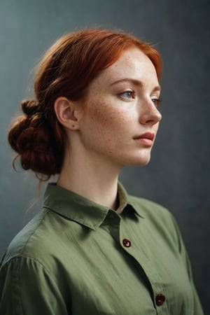 Grainy analog photo,((side view)), ((model in profile)), (stylish portrait of a young woman with (red hair), (a lot of freckles), (((very freckled))), and (a calm expression). She has her hair tied back in a loose (bun), with a few strands framing her face. The woman is wearing a (green button-up shirt) that is slightly open at the collar, revealing a hint of her collarbone. She is posed in a (three-quarter view) looking to her right, with her gaze directed (upwards and off-camera). The background is (plain and neutral), which draws focus to her serene and contemplative expression.)
Extremely Realistic, art by sargent, PORTRAIT PHOTO, 
Aligned eyes,  Iridescent Eyes,  (blush,  eye_wrinkles:0.6),  (goosebumps:0.5),  subsurface scattering,  ((skin pores)),  (detailed skin texture),  (( textured skin)),  realistic dull (skin noise),  visible skin detail,  skin fuzz,  dry skin,  hyperdetailed face,  sharp picture,  sharp detailed,  (((analog grainy photo vintage))),  Rembrandt lighting,  ultra focus,  illuminated face,  detailed face,  8k resolution,,Fujifilm XT3, more saturation, photo r3al, (high detailed skin:1.2), 8k uhd, dslr, lighting, high quality, film grain, Fujifilm XT3, (establishing shot:1.5), perfect hand. Medium depth of field, vignette, highly detailed, high budget, bokeh, cinemascope, vibrant, epic, gorgeous, film grain, grainy, in the style of Andrea Kowch, colorized, light pink and dark gray, Hans Holbein the Elder, movie still, pensive portraiture, soviet, photo r3al, Extremely Realistic, more detail XL, eyes shoot, ohwx woman,
Extremely Realistic, art by sargent, PORTRAIT PHOTO, 
